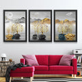 CRAFT QUEST Modern Art Landscape Golden Tree,Birds & Mountains Wall Art | Set of 3 Frames for Home Decoration | Ideal for Living Room, Bedroom & Offices