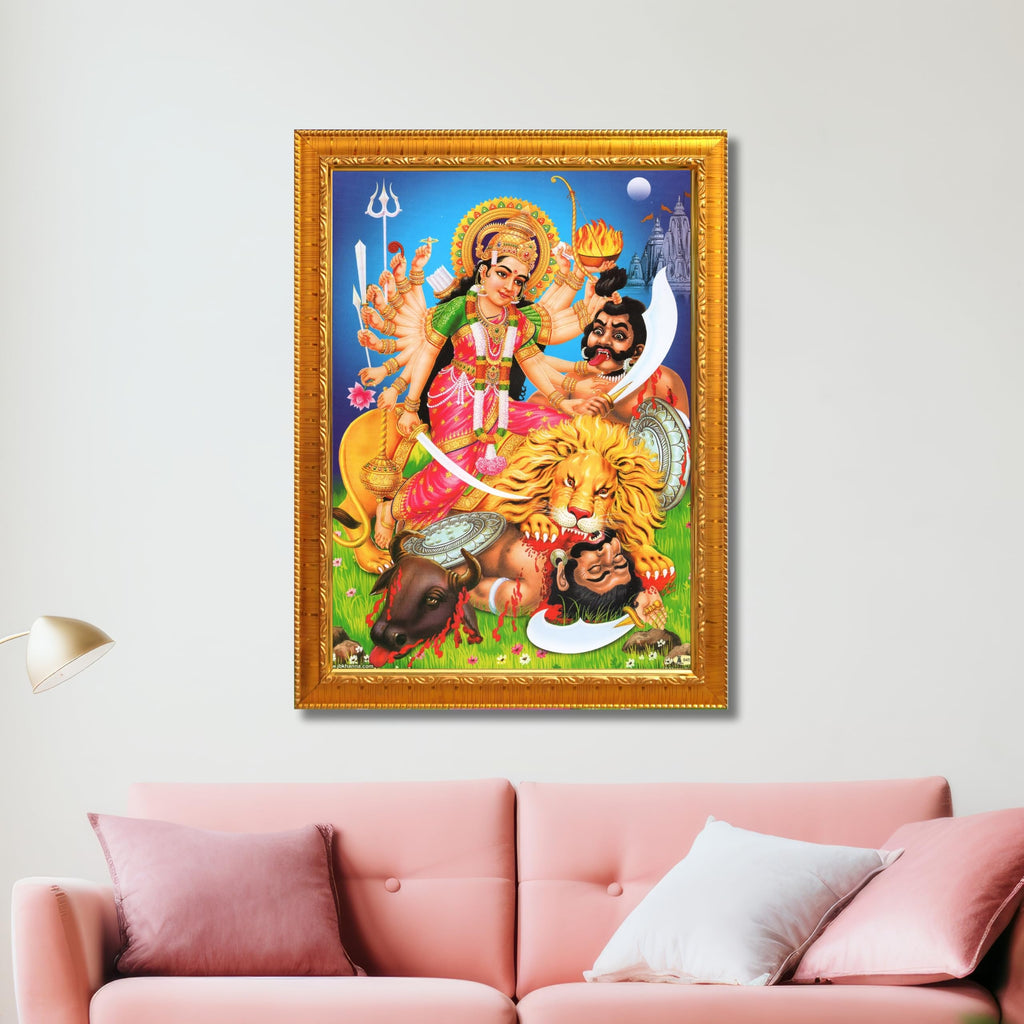 CRAFT QUEST Durga mata Mahishasura Mardini | Mahisasur Mardhini Durga Maa Wall Painting Framed, Religious Photo Frame With Acrylic Glass