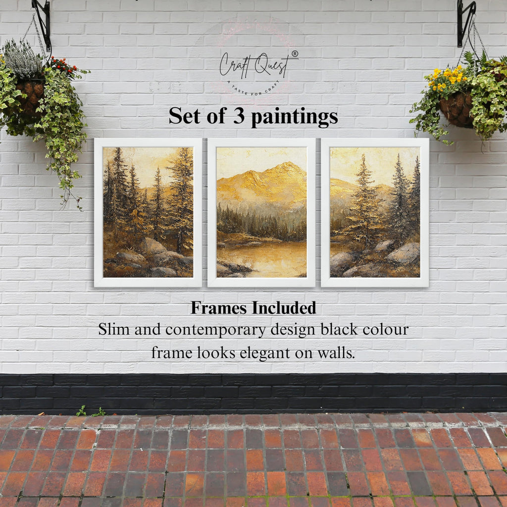 CRAFT QUEST Nature Inspired Painting Of Mountain With Trees Wall Art | Set of 3 Frames for Home Decoration | Ideal for Living Room, Bedroom & Office