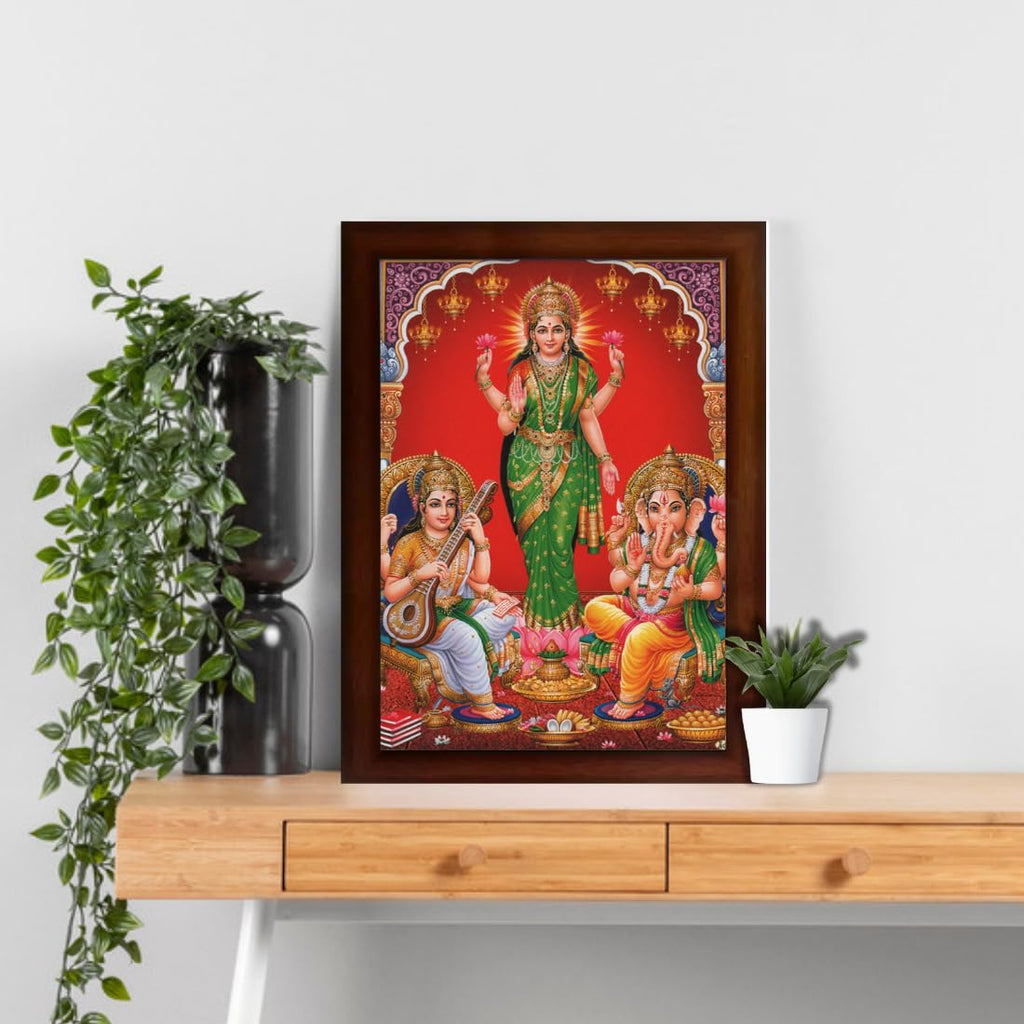 CRAFT QUEST Standing Lakshmi Jii with ganesh ji and saraswati maa Wall Painting Frame for Shop or Business (Synthetic, Matte Finish, Brown, Large Size, 14 X 10 Inch)
