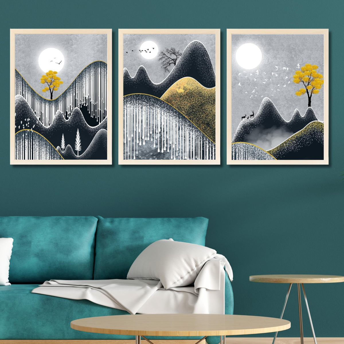 CRAFT QUEST Abstract Art Geometric Figures Decorative Murals | Set of 3 Frames for Home Decoration | Ideal for Living Room, Bedroom & Offices