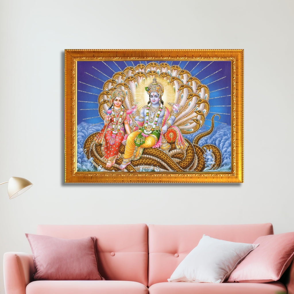CRAFT QUEST Goddess Lakshmi pressing legs of lord Vishnu on Shesh naag, Glitter Work Painting
