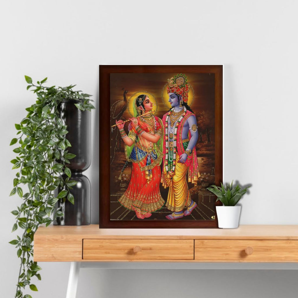 Craft Quest Radha Krishna Sparkle Coated Home Decorative Gift Item Framed Painting (10 X 14 Inches, Brown) RK1013-04