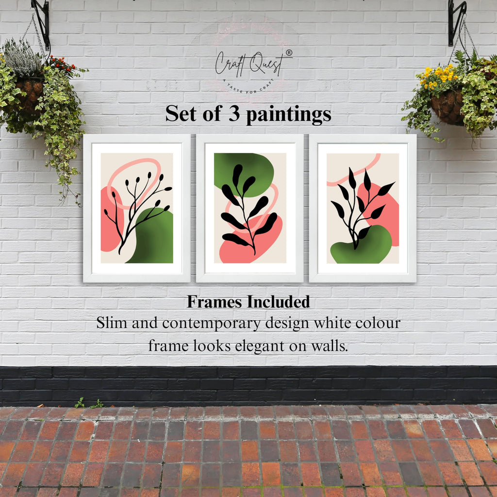 CRAFT QUEST Nature Inspired Abstract Shape & Leaf Wall Art | Set of 3 Frames for Home Decoration | Ideal for Living Room, Bedroom & Offices
