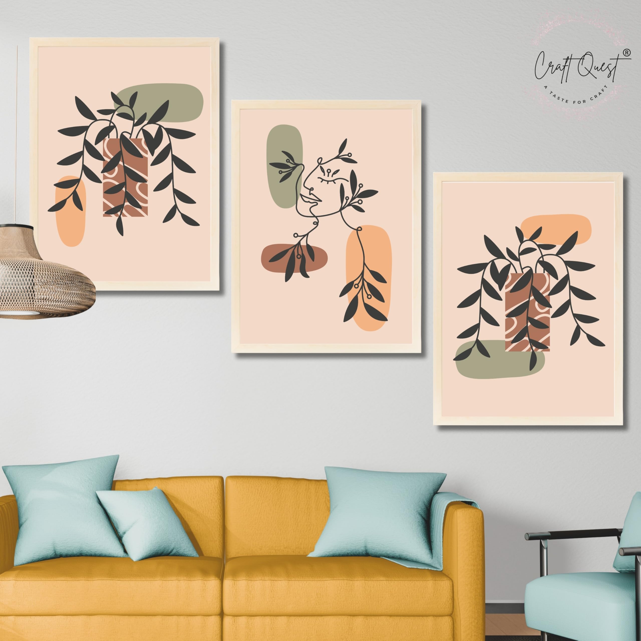 CRAFT QUEST Wall Art Decor Paintings | Set of 3 BOHO Wall Art Frames for Home Decoratio | Ideal for Living Room, Offices & Bedroom
