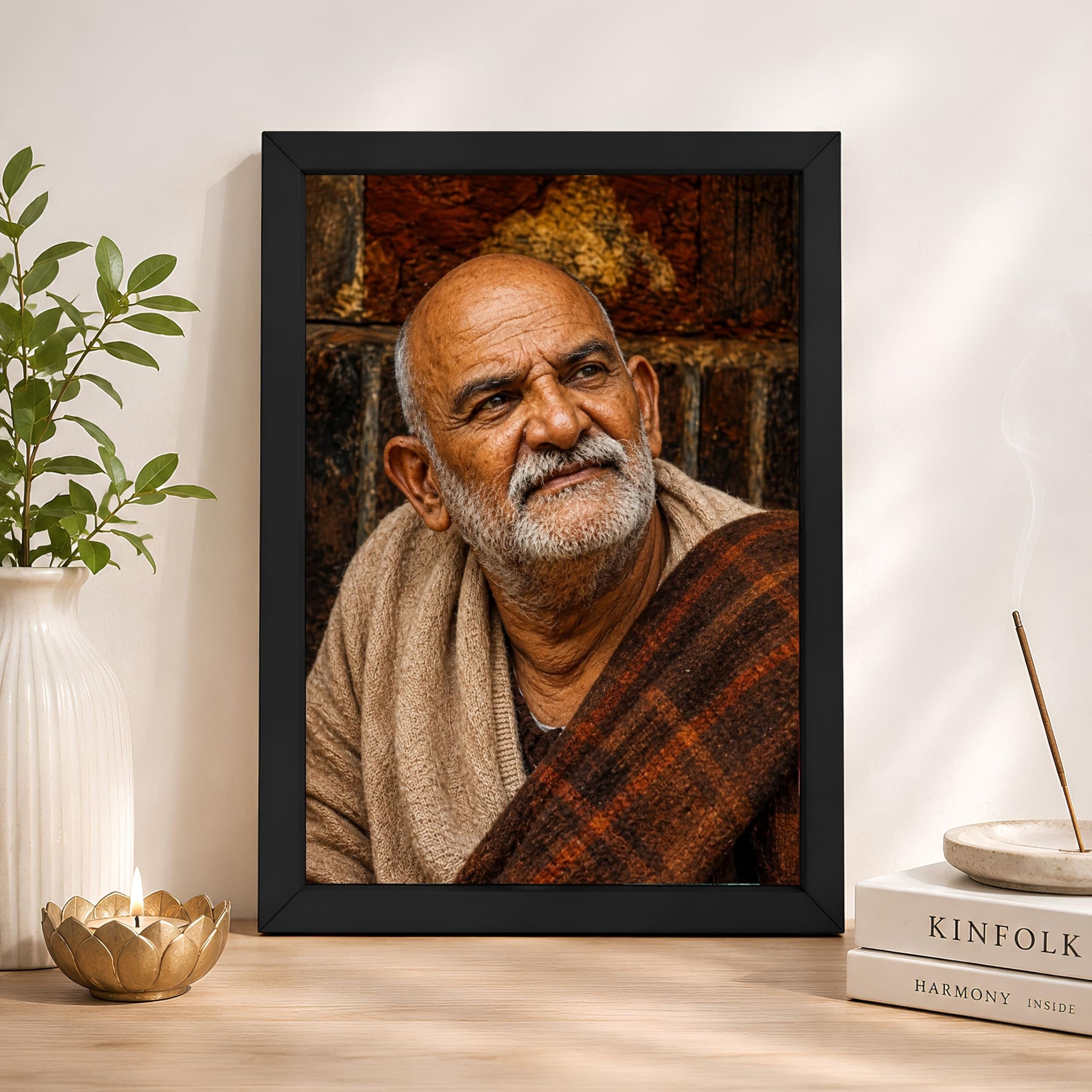 CRAFT QUEST Neem Karoli Baba Maharaj Ji Smiling Portrait Photo Frame for Wall | Spiritual Guru Religious Wall Art | Devotional Photo for Home, Mandir, Puja Room & Gifting