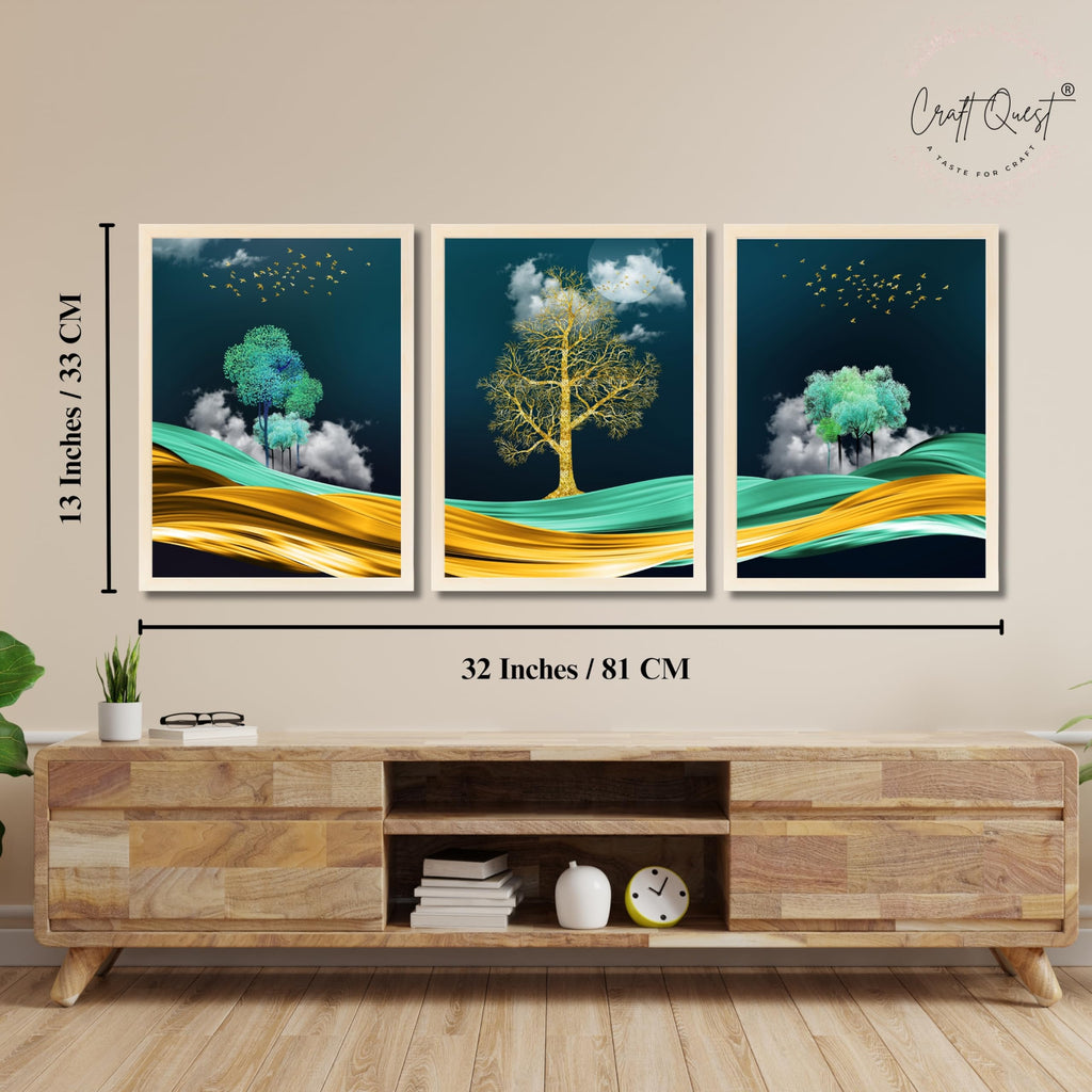 CRAFT QUEST Modern Art Mural With Golden Tree & Birds Wall Art | Set of 3 Frames for Home Decoration | Ideal for Living Room, Bedroom & Offices