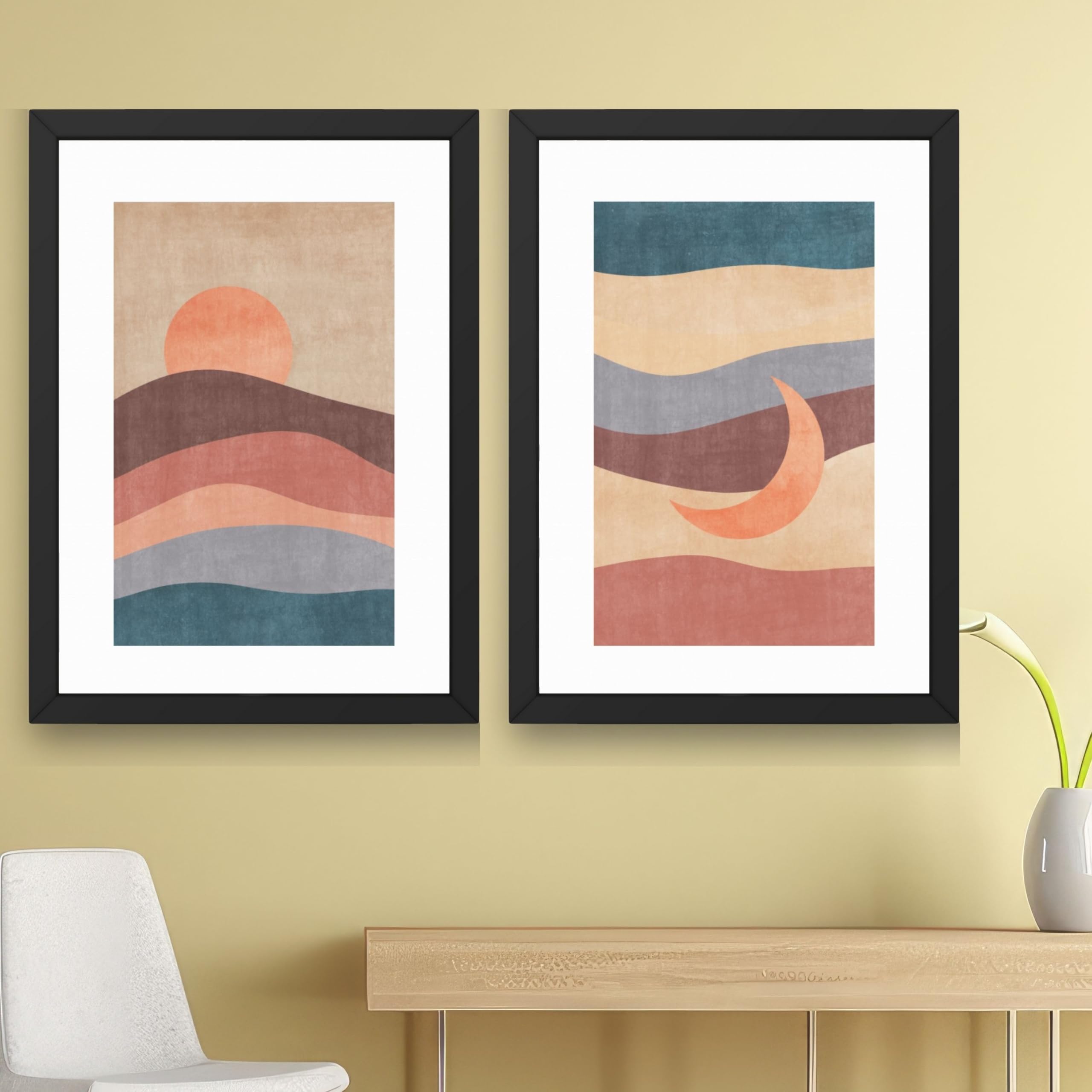 CRAFT QUEST Wall Art Decor Paintings | Set of 2 Sun Moon Wall Art Frames for Home Decoration | Ideal for Living Room, Bedroom & Office