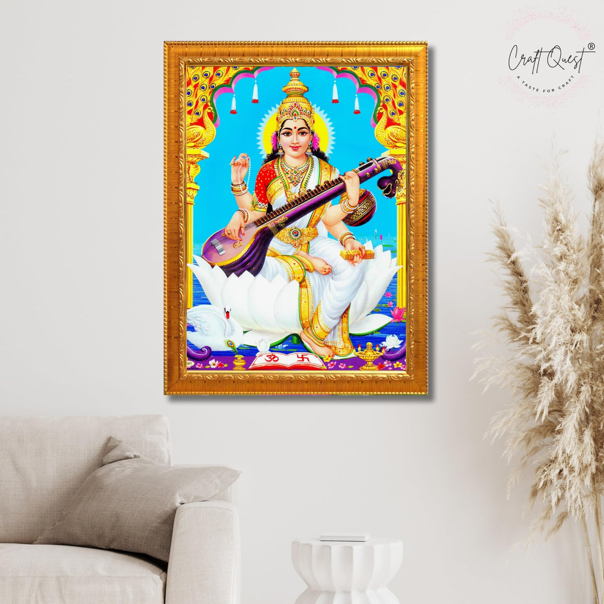 CRAFT QUEST Saraswati Devi Goddess Saraswathi Maa Wall Painting Sparkle Coated Framed Home Décor Synthetic wood Frame