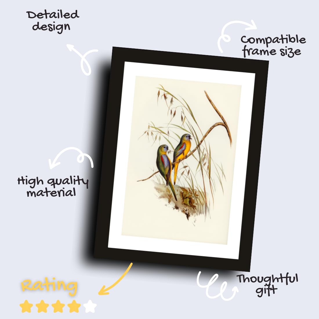 CRAFT QUEST Abstract Digital Bird Duo Modern Art Painting Poster Frame for Home & Office Wall Decoration - Portrait, Wall Display (Black, 14x10 Inch Frame with Art Print) (Tropical Reverie)