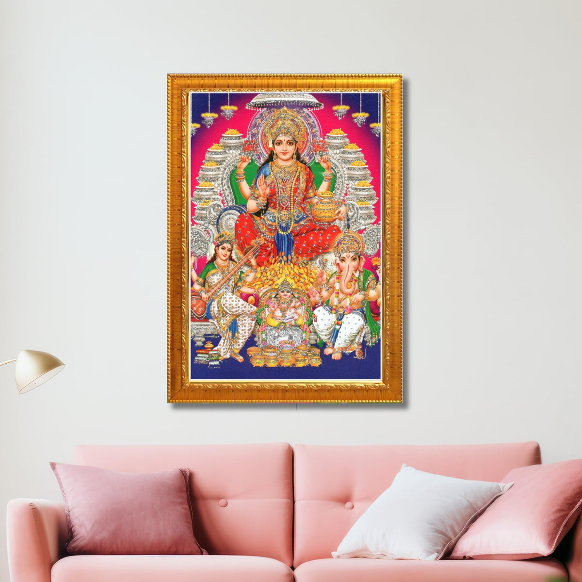 CRAFT QUEST Lord MahaLaxmi Ganesh Saraswati Ji Religious Hindu Photo Frame for Diwali,Wall, Table, Office, Temple, Pooja, Living Room and Decor