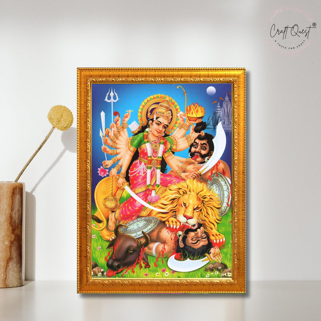 CRAFT QUEST Durga mata Mahishasura Mardini | Mahisasur Mardhini Durga Maa Wall Painting Framed, Religious Photo Frame With Acrylic Glass