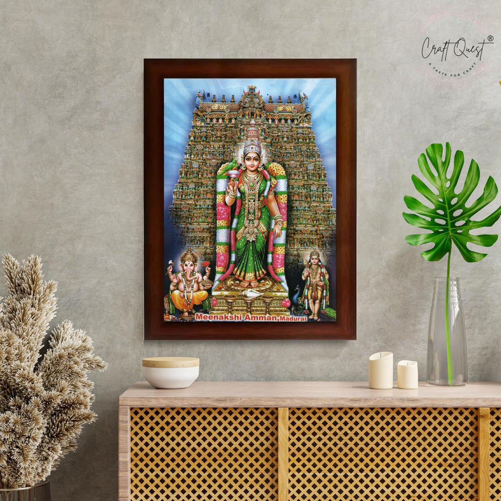 CRAFT QUEST Madurai Meenakshi Amman Madhura Meenatchi Wall Painting Framed Home Decor | South God Picture Frame for Home, Office, Temple & Gifting, Decor