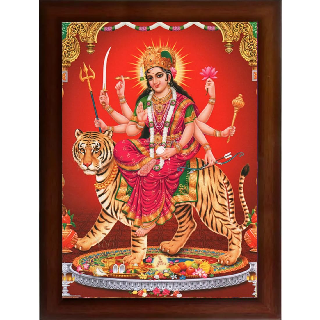 CRAFT QUEST Durga maa photo with brown frame, God Religious Framed Painting (Large Size 14 X 10 Inches. Multicolour)