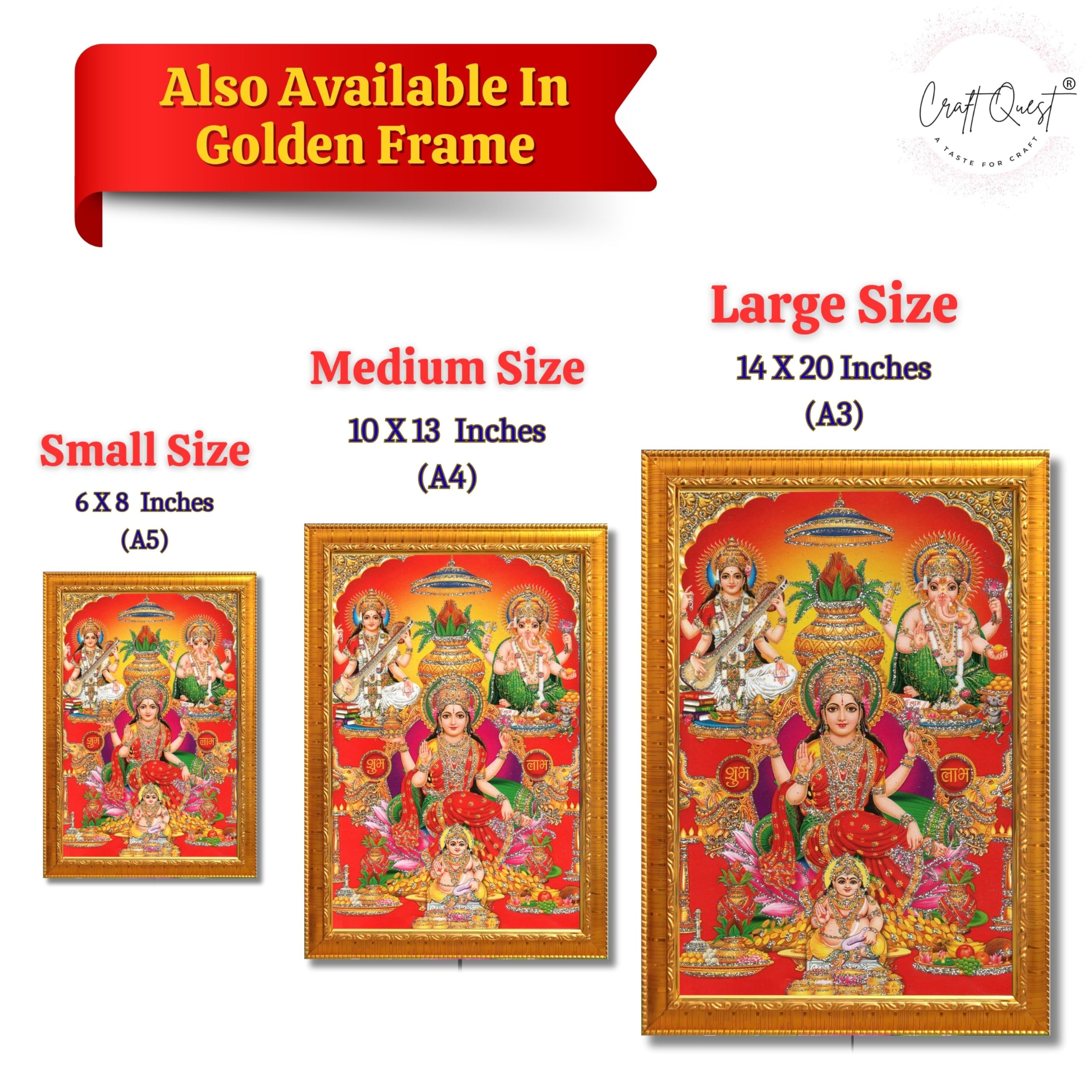 CRAFT QUEST Lord Laxmi Ganesh Saraswati Ji Religious Hindu Photo Frame for Wall, Table, Office, Temple, Pooja, Living Room and Home Decor Item