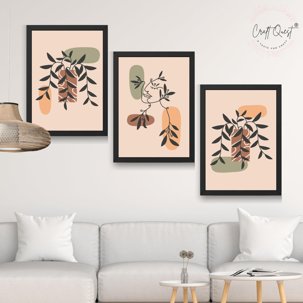 CRAFT QUEST Wall Art Decor Paintings | Set of 3 BOHO Wall Art Frames for Home Decoratio | Ideal for Living Room, Offices & Bedroom