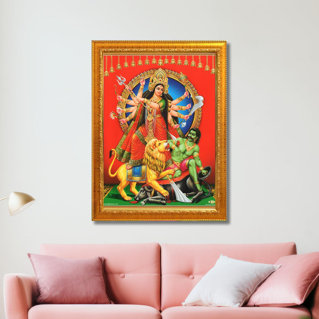 CRAFT QUEST Durga mata Mahishasura Mardini | Mahisasur Mardhini Durga Wall Painting Framed, Religious Photo Frame With Acrylic Glass