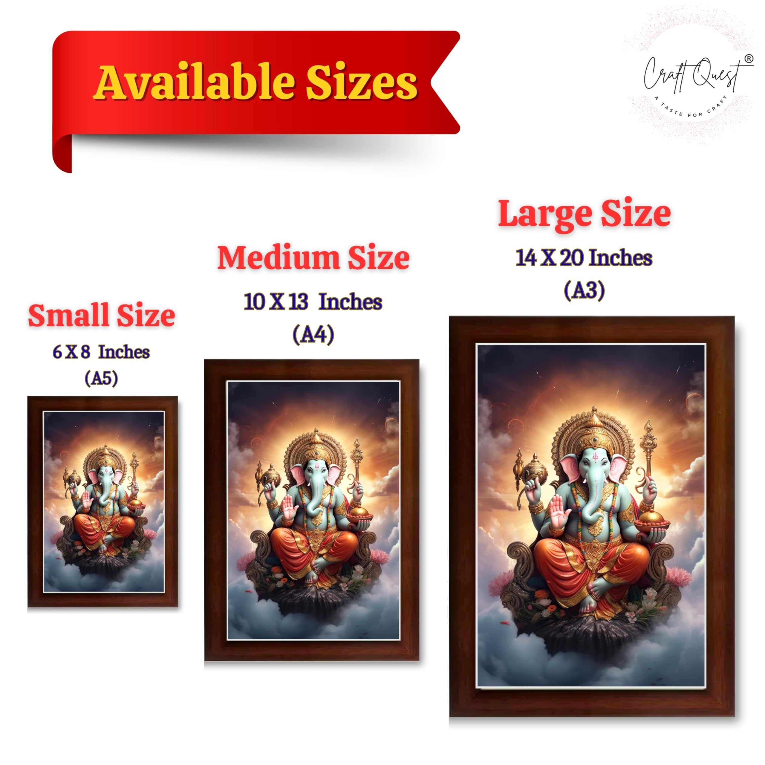 CRAFT QUEST God Ganesha Ganpati ji Photo Frame Wall Decor Mandir Pooja Poster Religious Painting Divine Hindu Temple Decoration Spiritual Blessings Home Office Gift