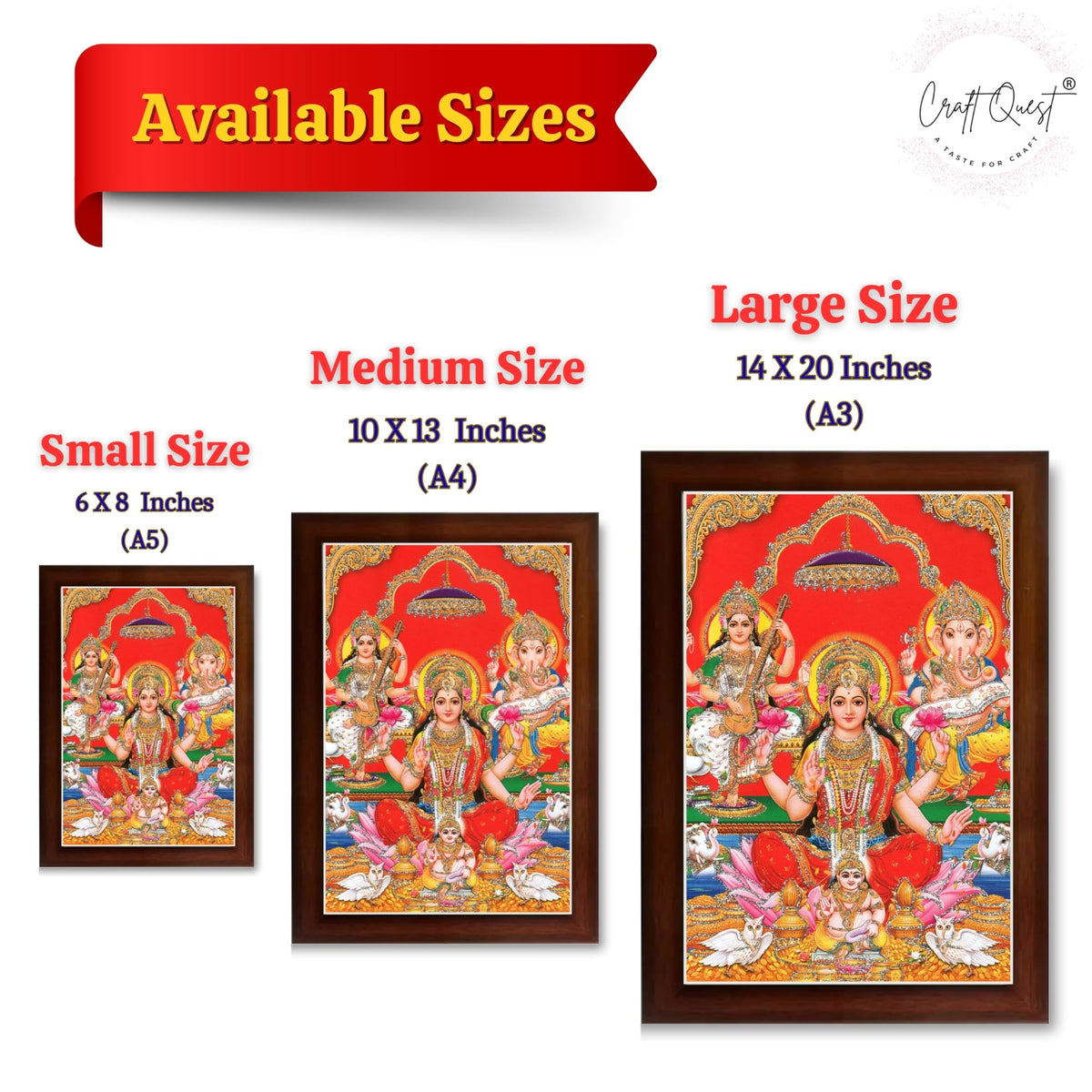CRAFT QUEST Lord Laxmi Ganesh Saraswati Religious God Hindu Photo Frame for Diwali,Wall, Office, Temple, Pooja, Living Room Home and Decor Item
