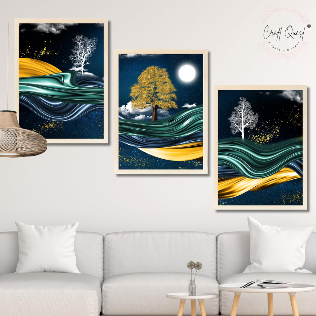 CRAFT QUEST Modern Art With Dark Blue Background & Golden Tree Wall Art | Set of 3 Frames for Home Decoration | Ideal for Living Room, Bedroom & Offices