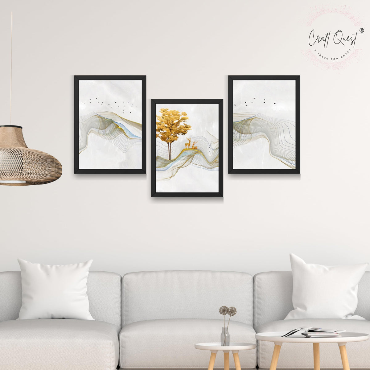 CRAFT QUEST Modern Art Landscapes Sanlian Adornment Wall Art | Set of 3 Frames for Home Decoration | Ideal for Living Room, Bedroom & Offices