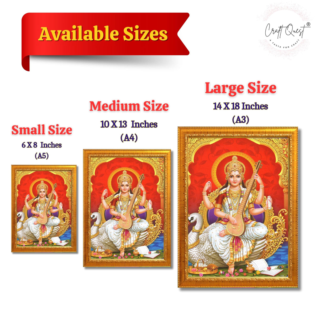 CRAFT QUEST Saraswati Devi Goddess Saraswathi Maa Wall Painting Framed For Home Décor Synthetic wood Framed