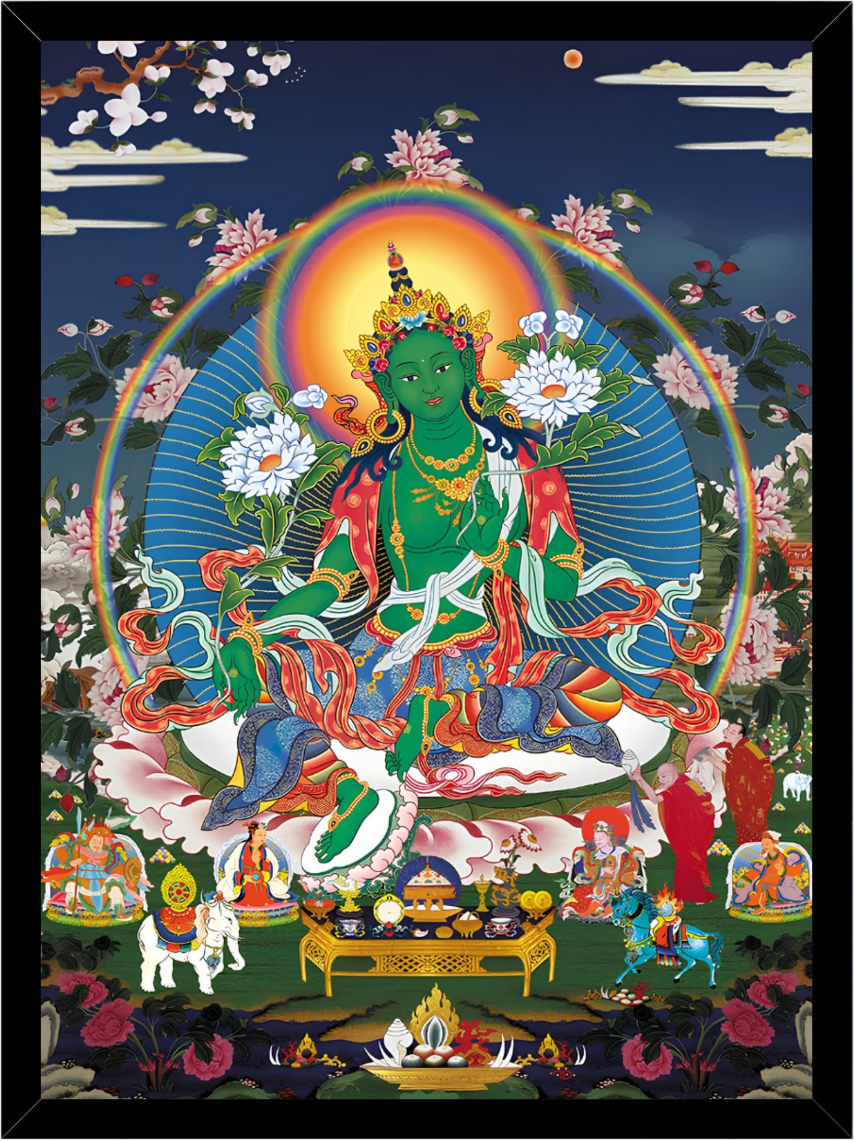 DIVARTH Green Tara Maa Photo Frame for Wall Decoration | Tibetan Thangka Painting with Frame | Buddhist Goddess Wall Art for Meditation Room, Yoga Studio, Home Temple & Living Room Decor | 10x13 Inch