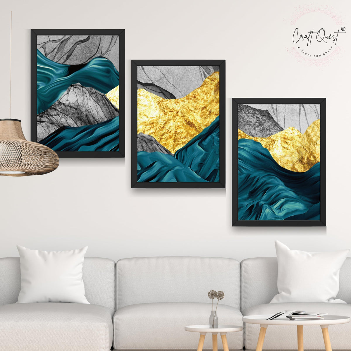 CRAFT QUEST Modern Art Abstract Golden Fashion Wall Art | Set of 3 Frames for Home Decoration | Ideal for Living Room, Bedroom & Offices
