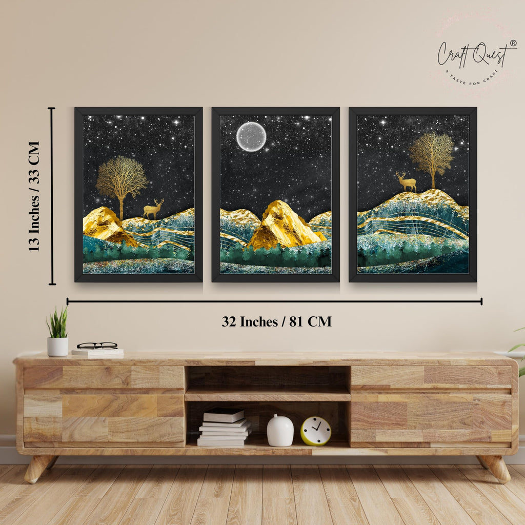 CRAFT QUEST Modern Art Landscape With Turquoise Mountains & Golden Trees Wall Art | Set of 3 Frames for Home Decoration | Ideal for Living Room, Bedroom & Offices