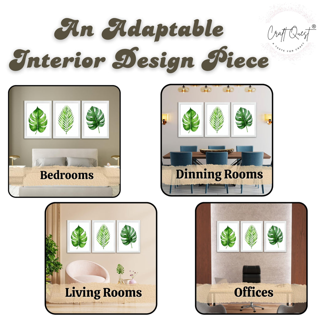 CRAFT QUEST Nature Inspired Exotic Leaves Modern Wall Art | Set of 3 Frames for Home Decoration | Ideal for Living Room, Bedroom & Offices