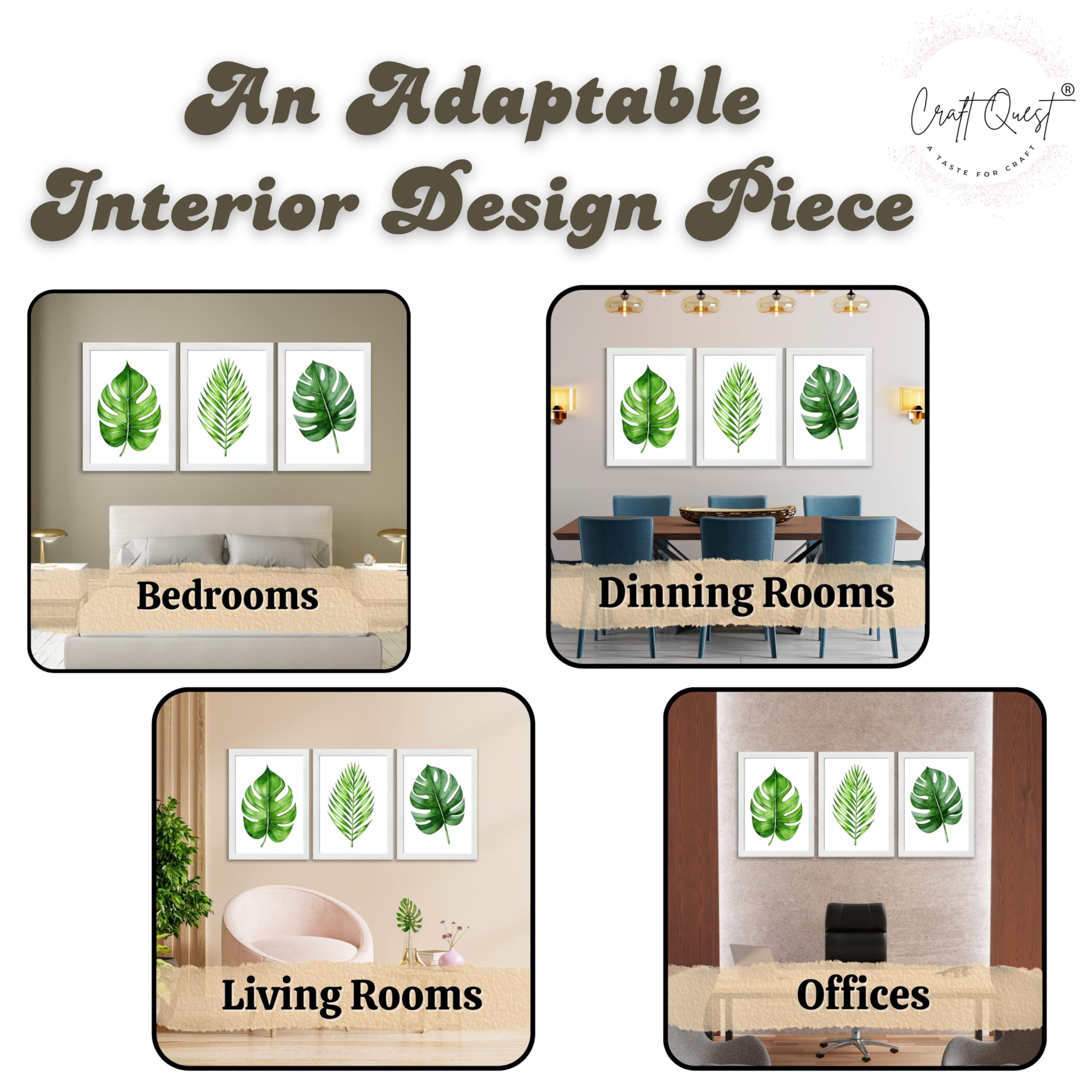CRAFT QUEST Nature Inspired Exotic Leaves Modern Wall Art | Set of 3 Frames for Home Decoration | Ideal for Living Room, Bedroom & Offices