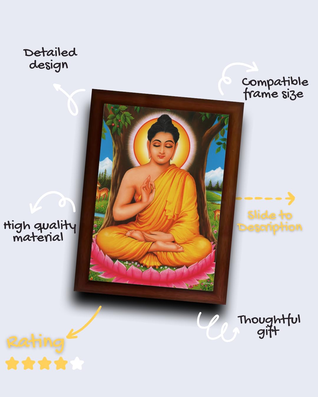 CRAFT QUEST Lord Buddha in Meditation Painting With Photo Frame for Living Room Wood Photo Frames (Photoframe, Multicolour, 14 X 10 inch)