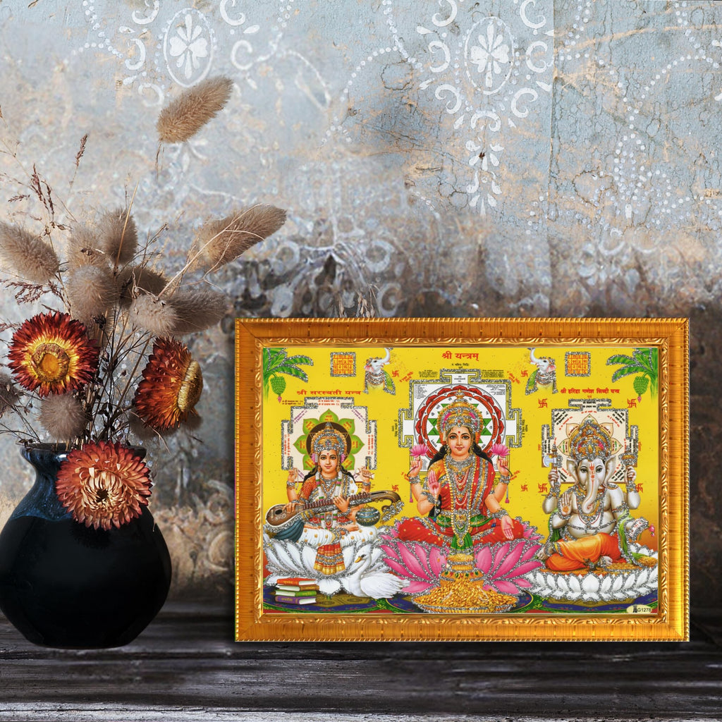 CRAFT QUEST Lakshmi Devi with ganesh ji and saraswati mata Wall Painting Photo Frame Home Decor (Synthetic, Golden, Sparkle Finish, Small Size, 8 X 6 Inch)
