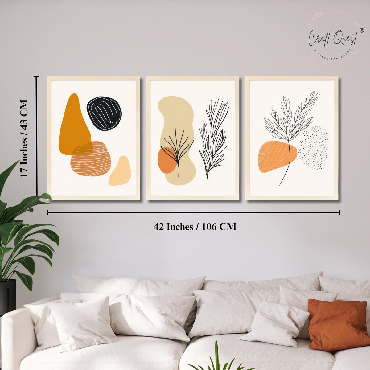 CRAFT QUEST Organic Abstract Line Art Modern Art | Set of 3 Frames for Home Decoration | Ideal for Living Room, Bedroom & Offices