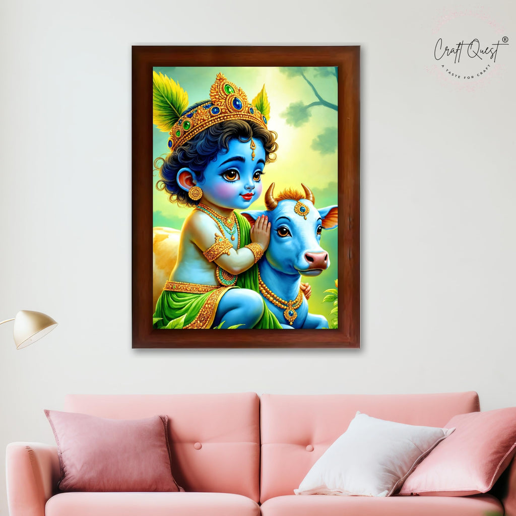 CRAFT QUEST Baby Krishna Photo Frame | Shri Bal Gopal Painting for Pregnant Women | Kanha Ji Poster | Laddu Lord Makhan Chor | Walls Home Bedroom Living Room Decoration Gift.