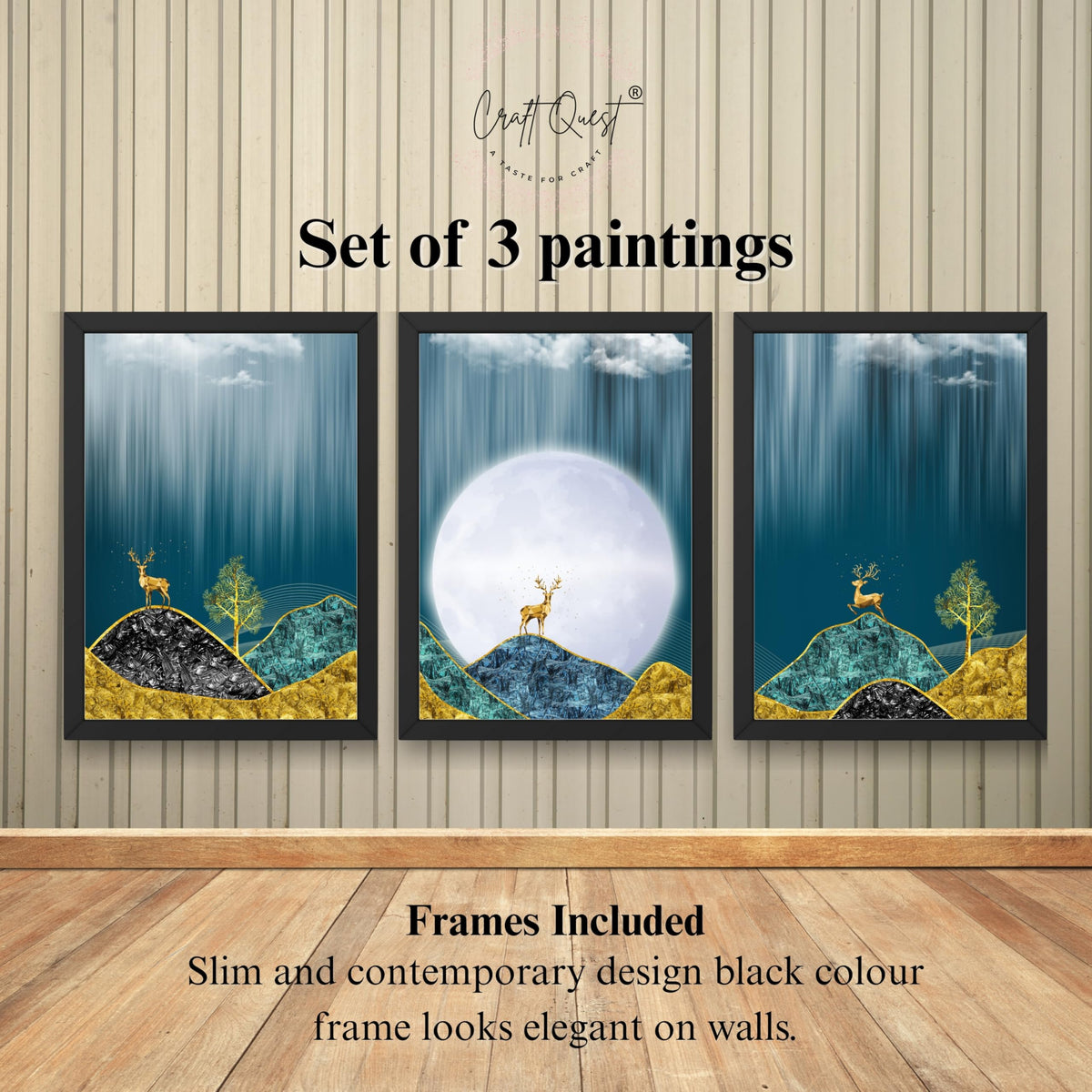 CRAFT QUEST Modern Art Landscape Of Moon & Golden Christmas Trees Wall Art | Set of 3 Frames for Home Decoration | Ideal for Living Room, Bedroom & Offices
