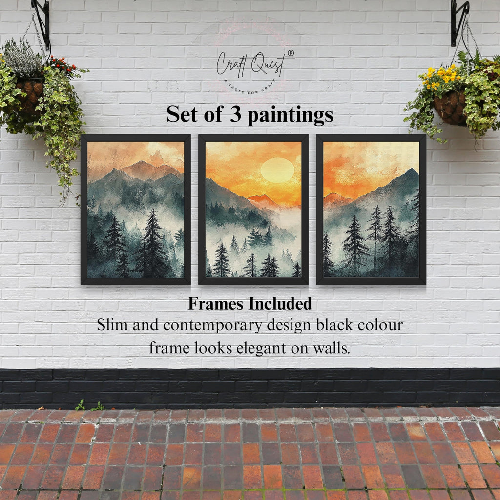 CRAFT QUEST Nature Inspired Paintings With Trees & Mountains Wall Art | Set of 3 Frames for Home Decoration | Ideal for Living Room, Bedroom & Office