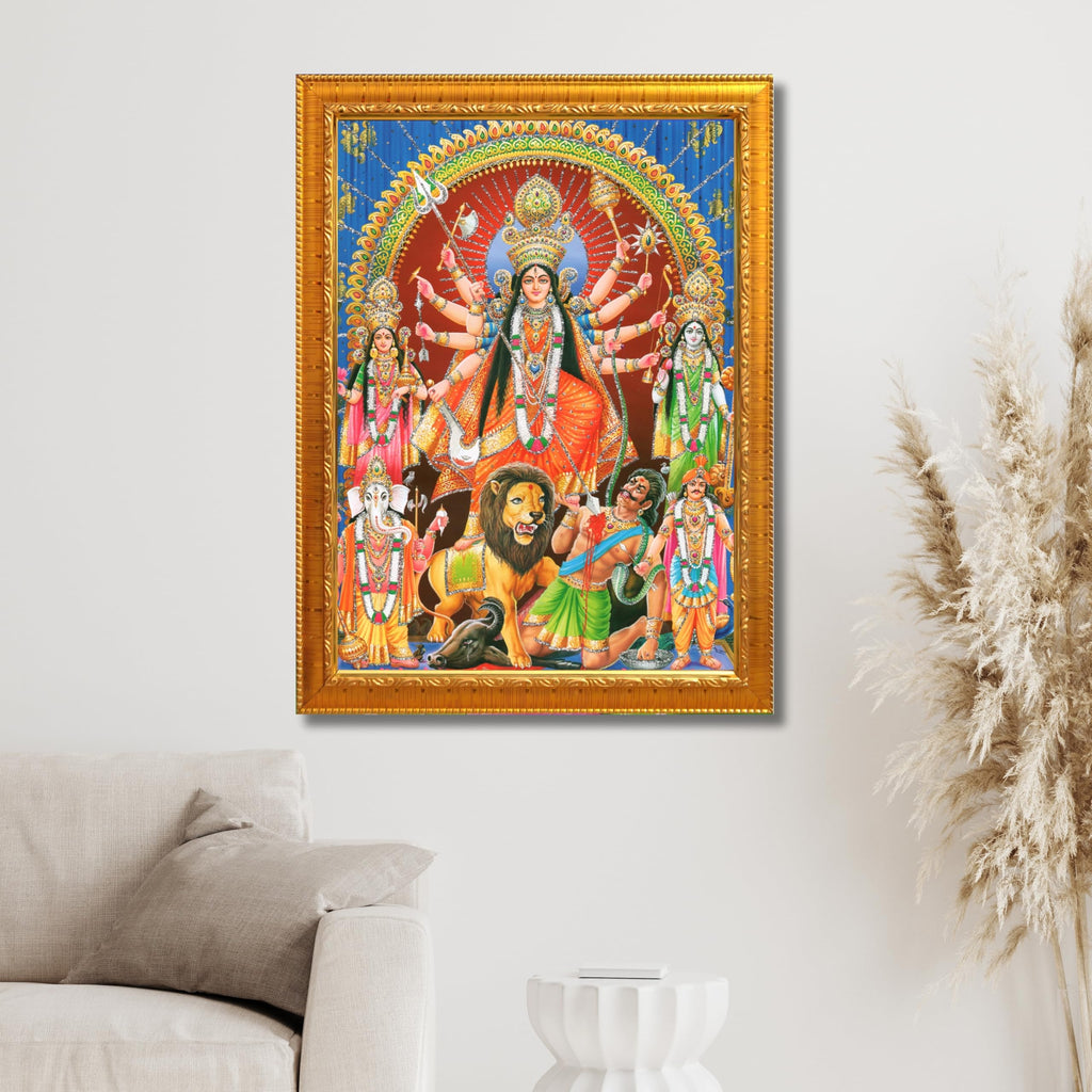 CRAFT QUEST Durga mata Mahishasura Mardini | Mahisasur Mardhini Durga Wall Painting Framed, Goddess Religious Painting