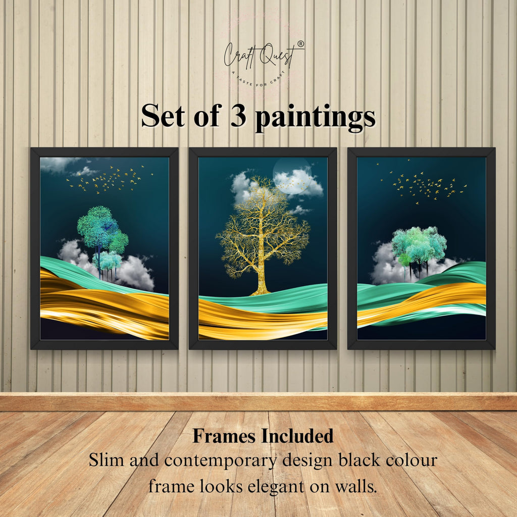 CRAFT QUEST Modern Art Mural With Golden Tree & Birds Wall Art | Set of 3 Frames for Home Decoration | Ideal for Living Room, Bedroom & Offices