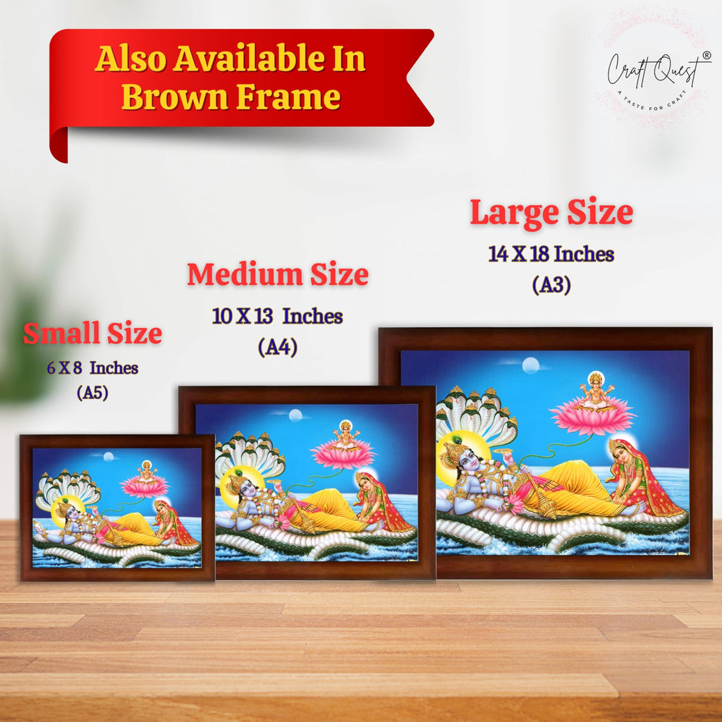 CRAFT QUEST Lord Vishnu and Goddess Lakshmi Giving Blessing on Shesh naag, landscape Glitter Painting with Golden Synthetic Frame