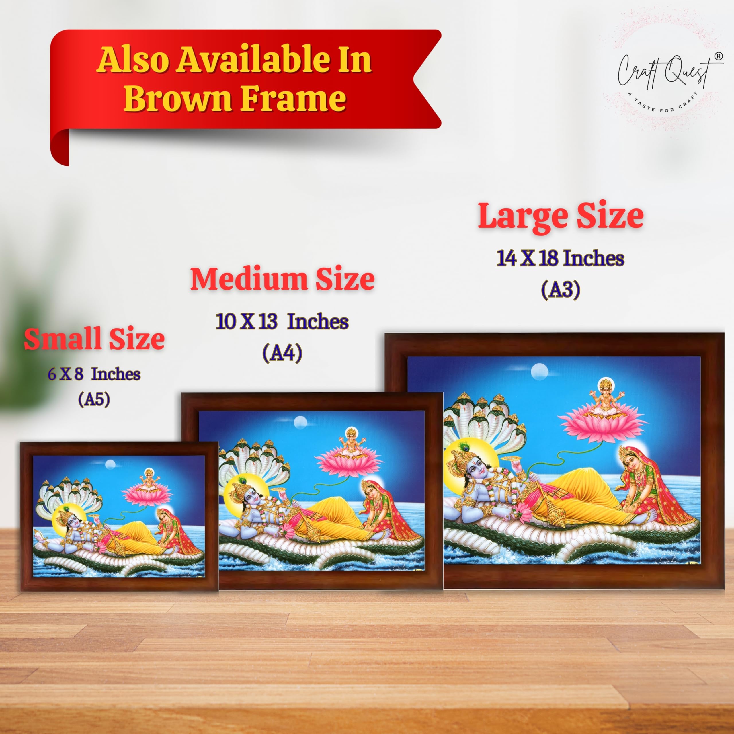 CRAFT QUEST Lord Vishnu and Goddess Lakshmi Giving Blessing on Shesh naag, landscape Glitter Painting with Golden Synthetic Frame