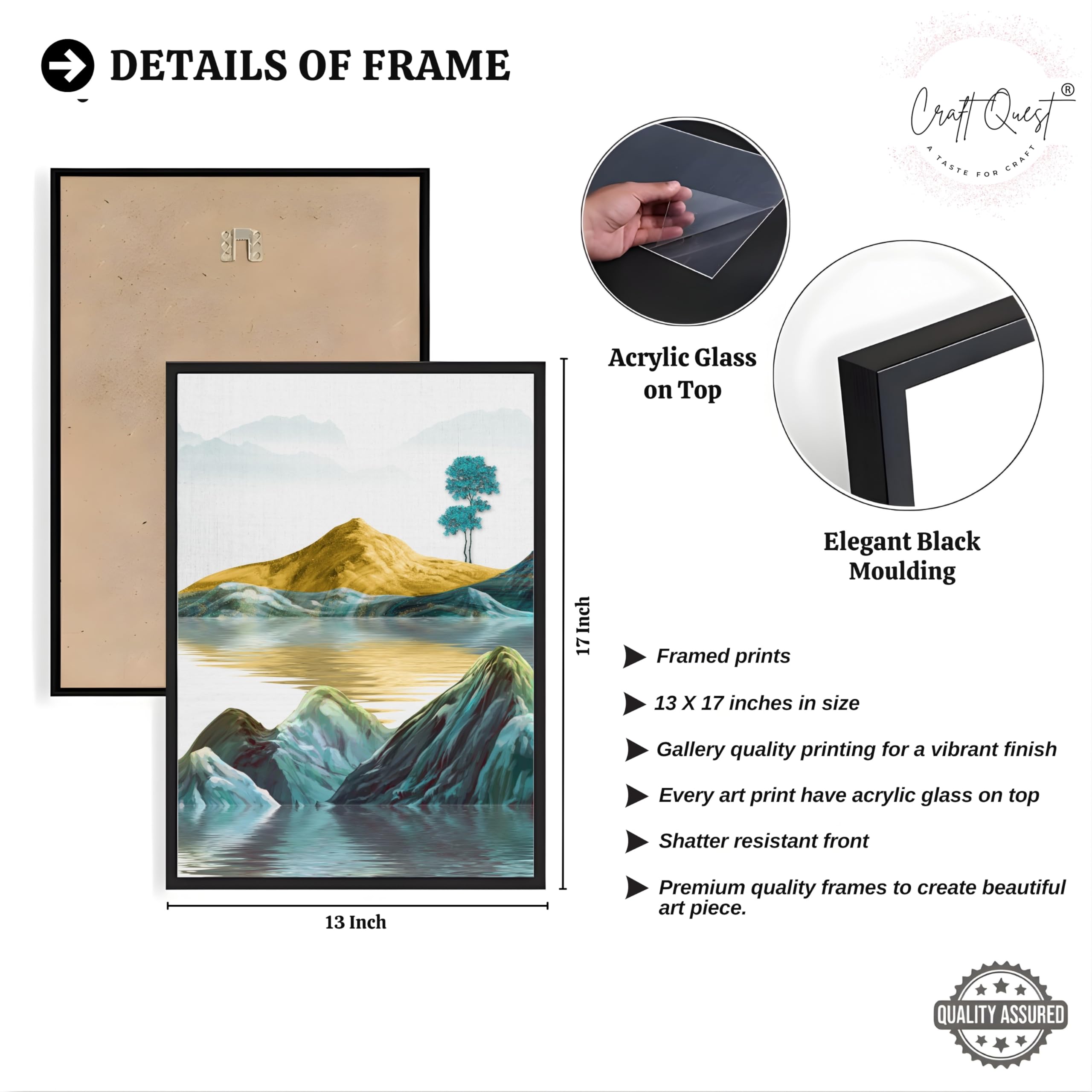 CRAFT QUEST Modern Art Abstract Geometric Gold Lines Wall Art | Set of 3 Frames for Home Decoration | Ideal for Living Room, Bedroom & Offices