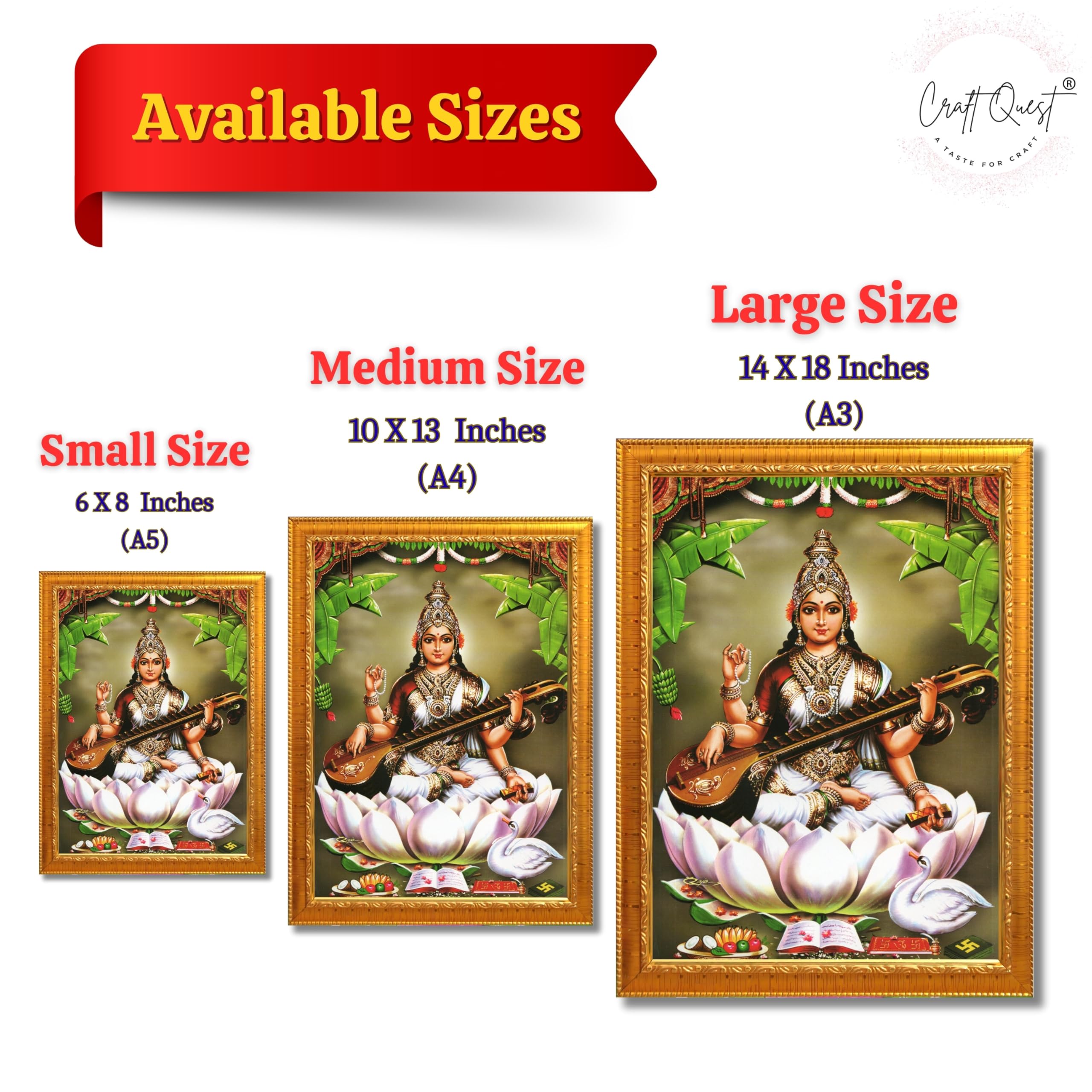 CRAFT QUEST Saraswati Devi Goddess Saraswathi Maa Photo Frame | Religious Photo Frame | Ideal for Home, Office, Temple & Puja Room, Wall Decor
