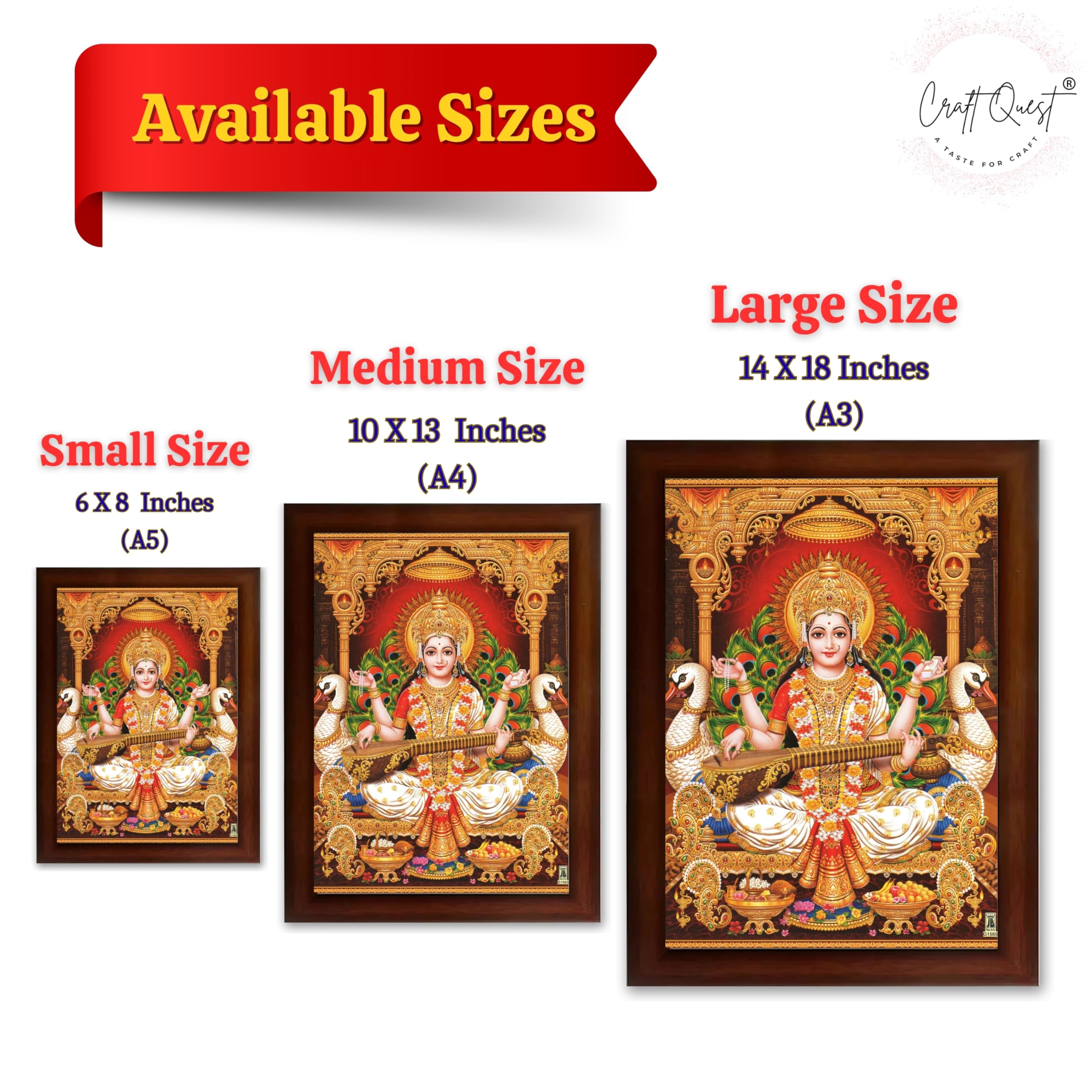 CRAFT QUEST Saraswati Devi Goddess Saraswathi Maa Wall Painting Framed For Home Décor Synthetic wooden Framed