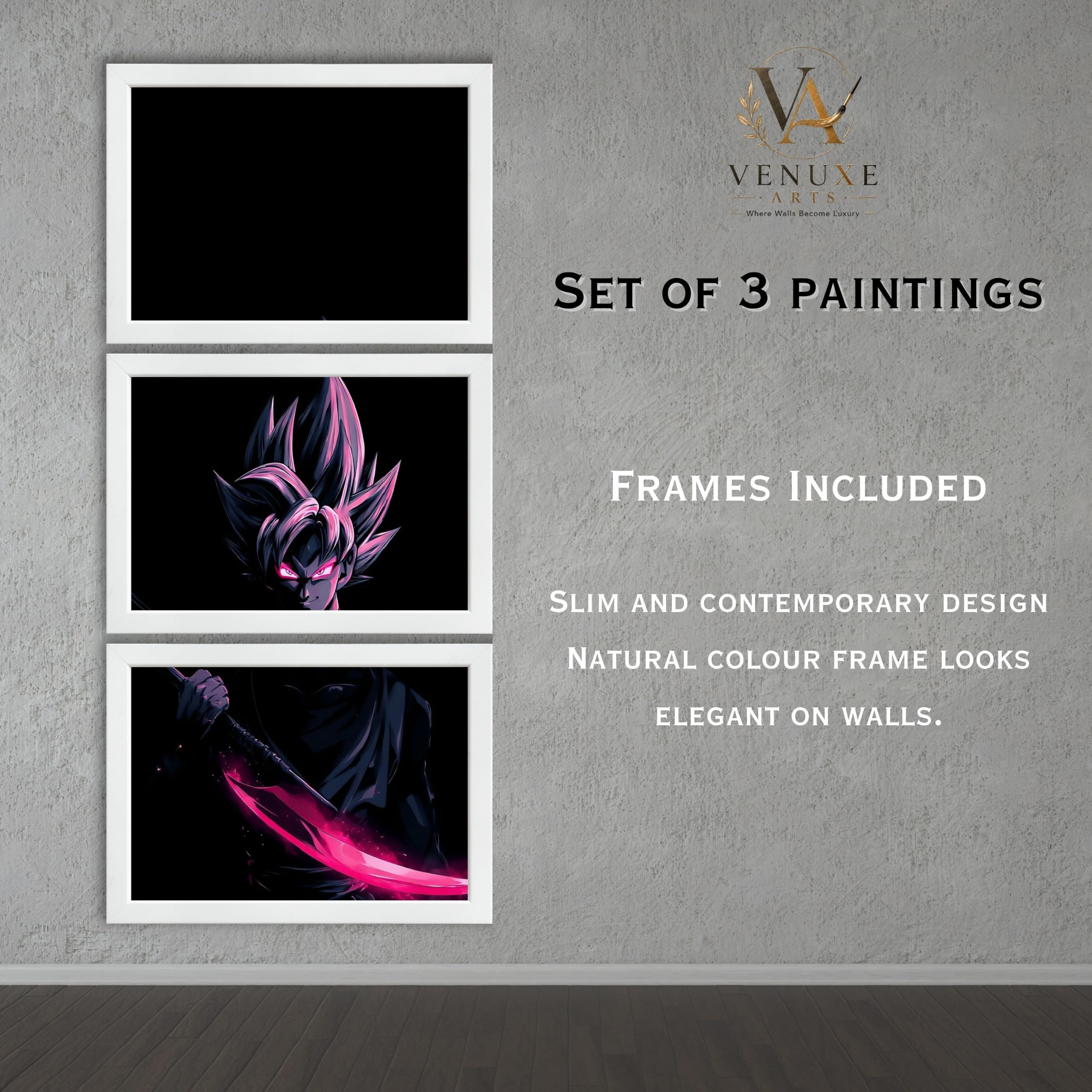 VENUXE ARTS Set Of 3 Anime Characters Wall Framed |Anime Characters Framed Poster for Living Room Bedroom Gaming Room Studio Wall Decor