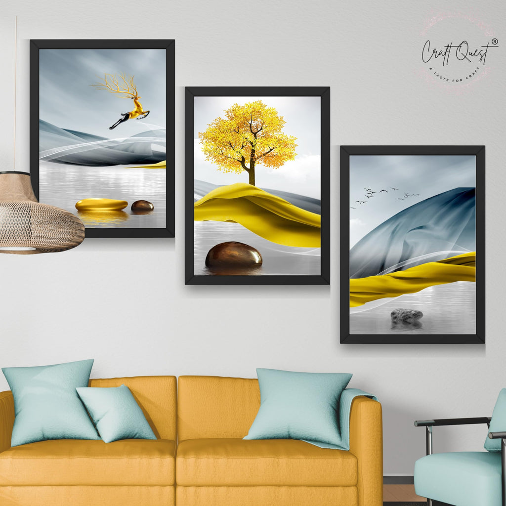 CRAFT QUEST Sanlian Adornment Abstract Modern Art | Set of 3 Frames for Home Decoration | Ideal for Living Room, Bedroom & Offices