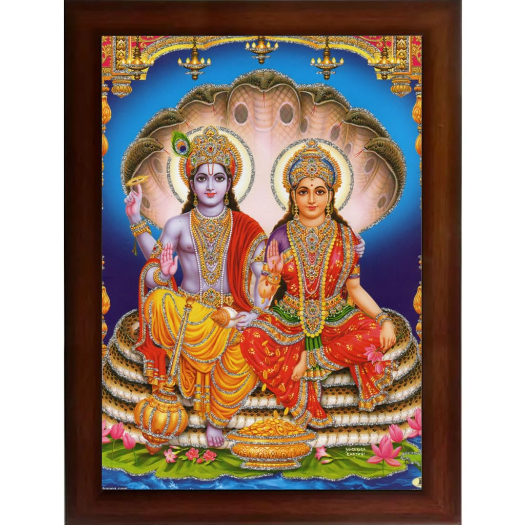 Craft Quest Lord Vishnu and Goddess Lakshmi Giving Blessing on Shesh naag, Glitter Work Painting with Plane Brown Frame (14 X 10 Inches, Brown Wood)
