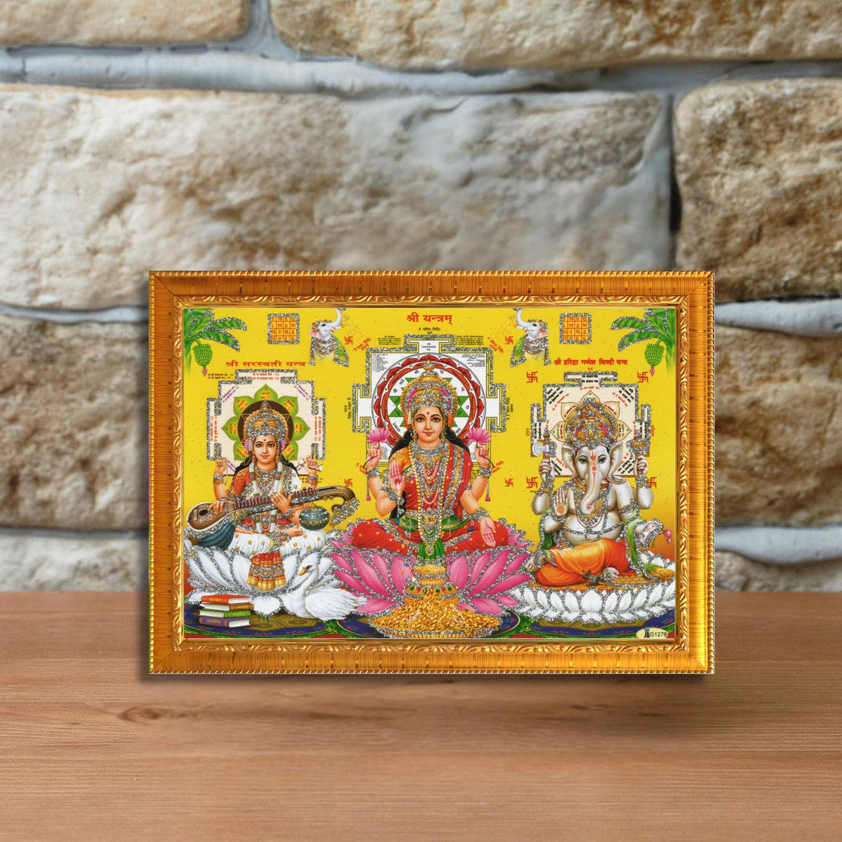 CRAFT QUEST Lakshmi Devi with ganesh ji and saraswati mata Wall Painting Photo Frame Home Decor (Synthetic, Golden, Sparkle Finish, Small Size, 8 X 6 Inch)