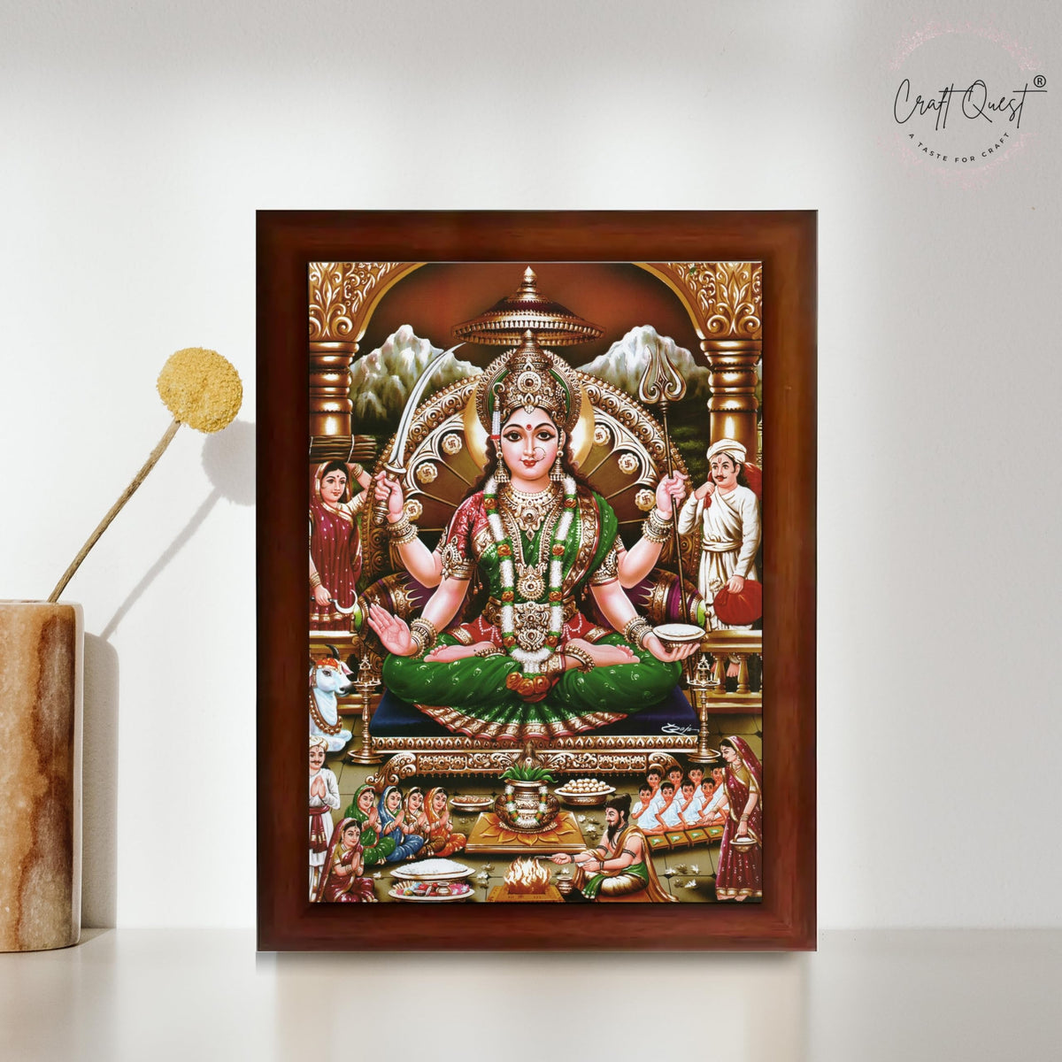 CRAFT QUEST Goddess Santoshi Mata/Devi Santhoshi Maa Photo Frame for Pooja, Home, Temple, Gift, Wall Décor Item