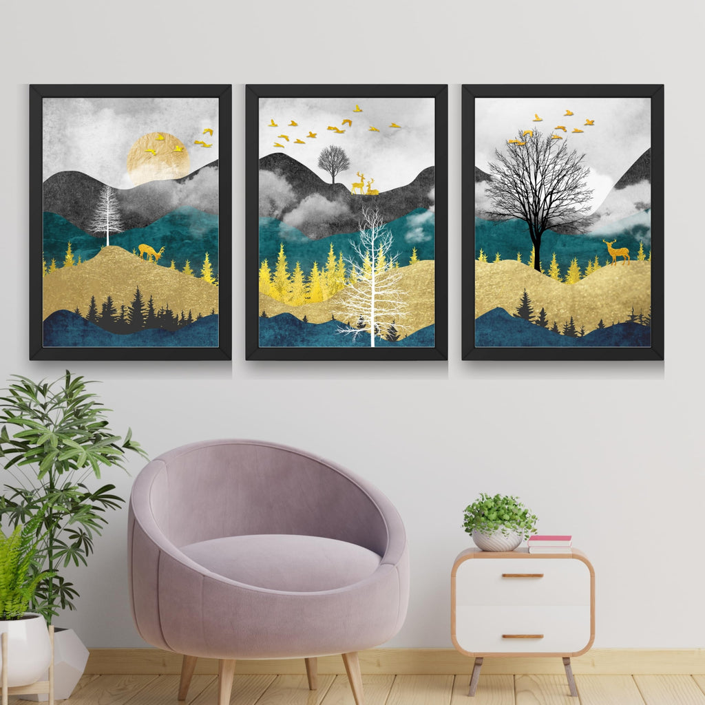 CRAFT QUEST Artistic Composed Abstract Geometric Gold Lines | Set of 3 Frames for Home Decoration | Ideal for Living Room, Bedroom & Offices